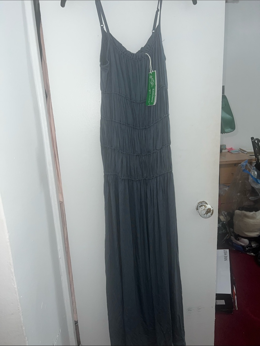 Women’s Dark Gray Tiered Maxi Dress - Sleeveless Spaghetti Strap